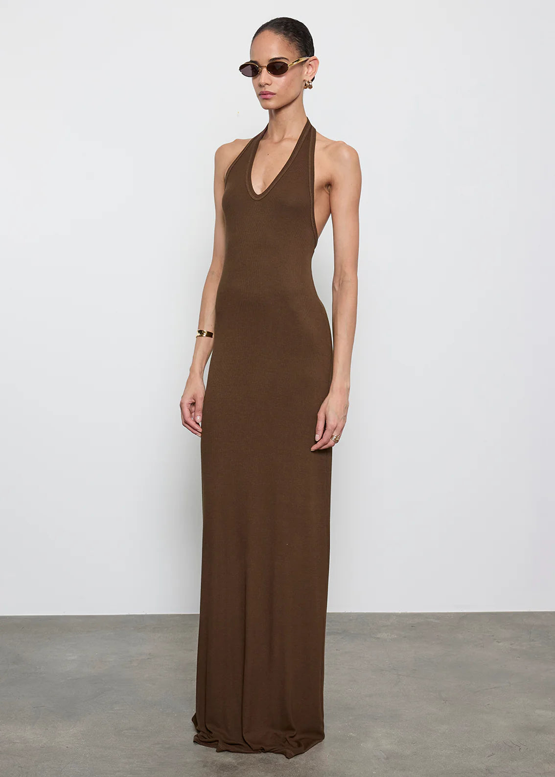 Silk Rib U Halter Fluid Maxi Dress