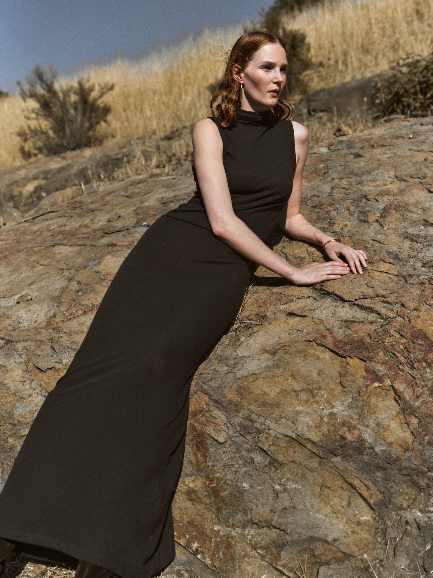 Silk Rib Sleeveless Mockneck Fluid Dress