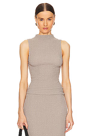 Puckered Sleeveless Hi-Neck