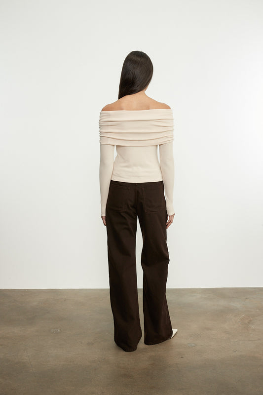 Silk Rib L/S Off-Shoulder Top