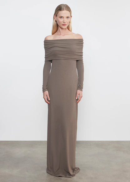 Silk Rib Off-Shoulder Fluid Dress