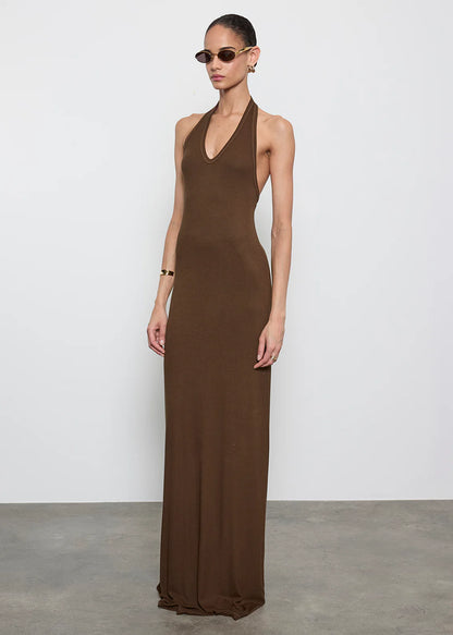 Silk Rib U Halter Fluid Maxi Dress