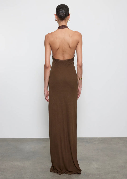 Silk Rib U Halter Fluid Maxi Dress