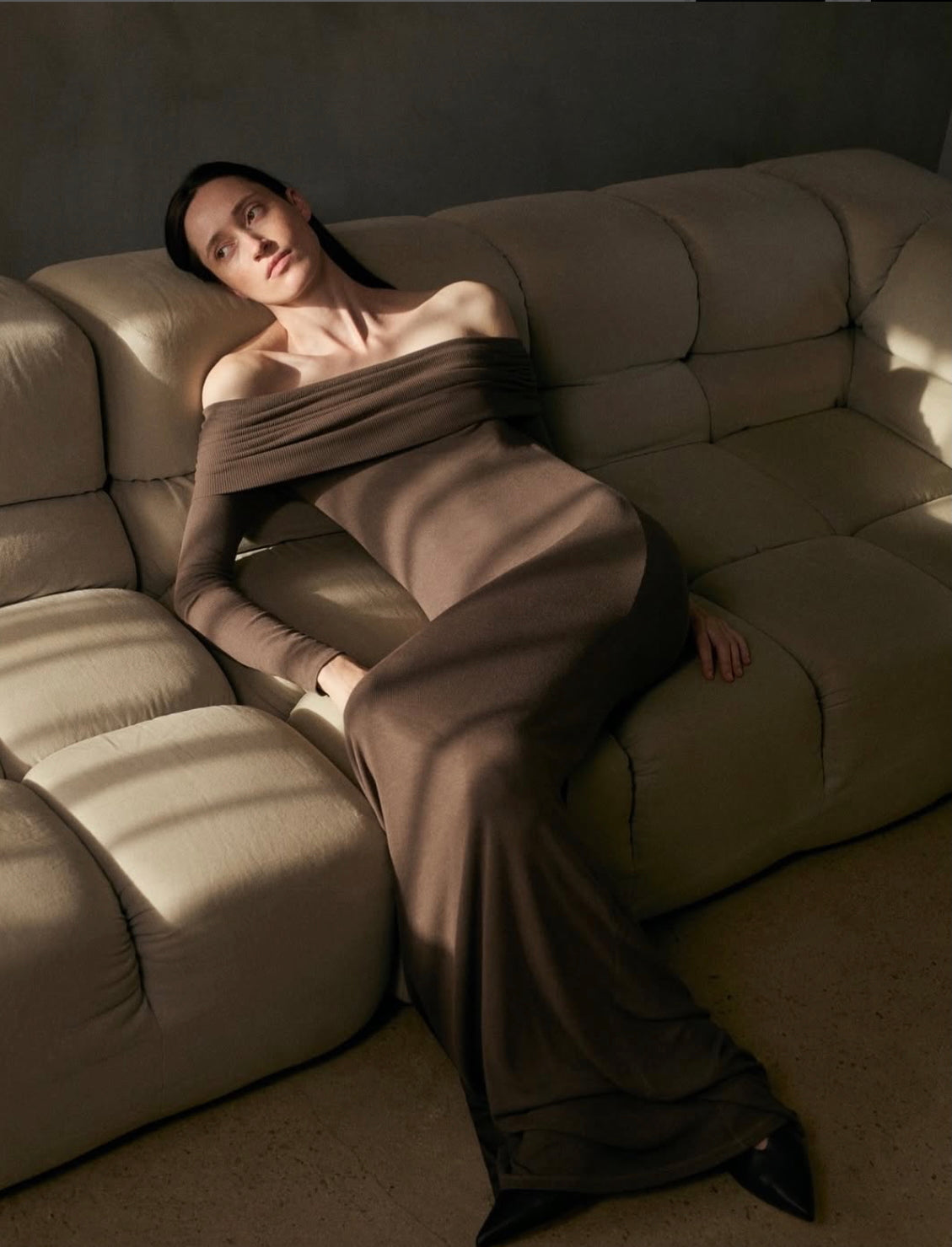 Silk Rib Off-Shoulder Fluid Dress