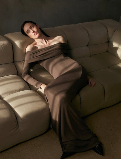 Silk Rib Off-Shoulder Fluid Dress
