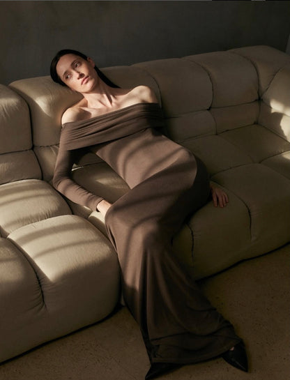 Silk Rib Off-Shoulder Fluid Dress