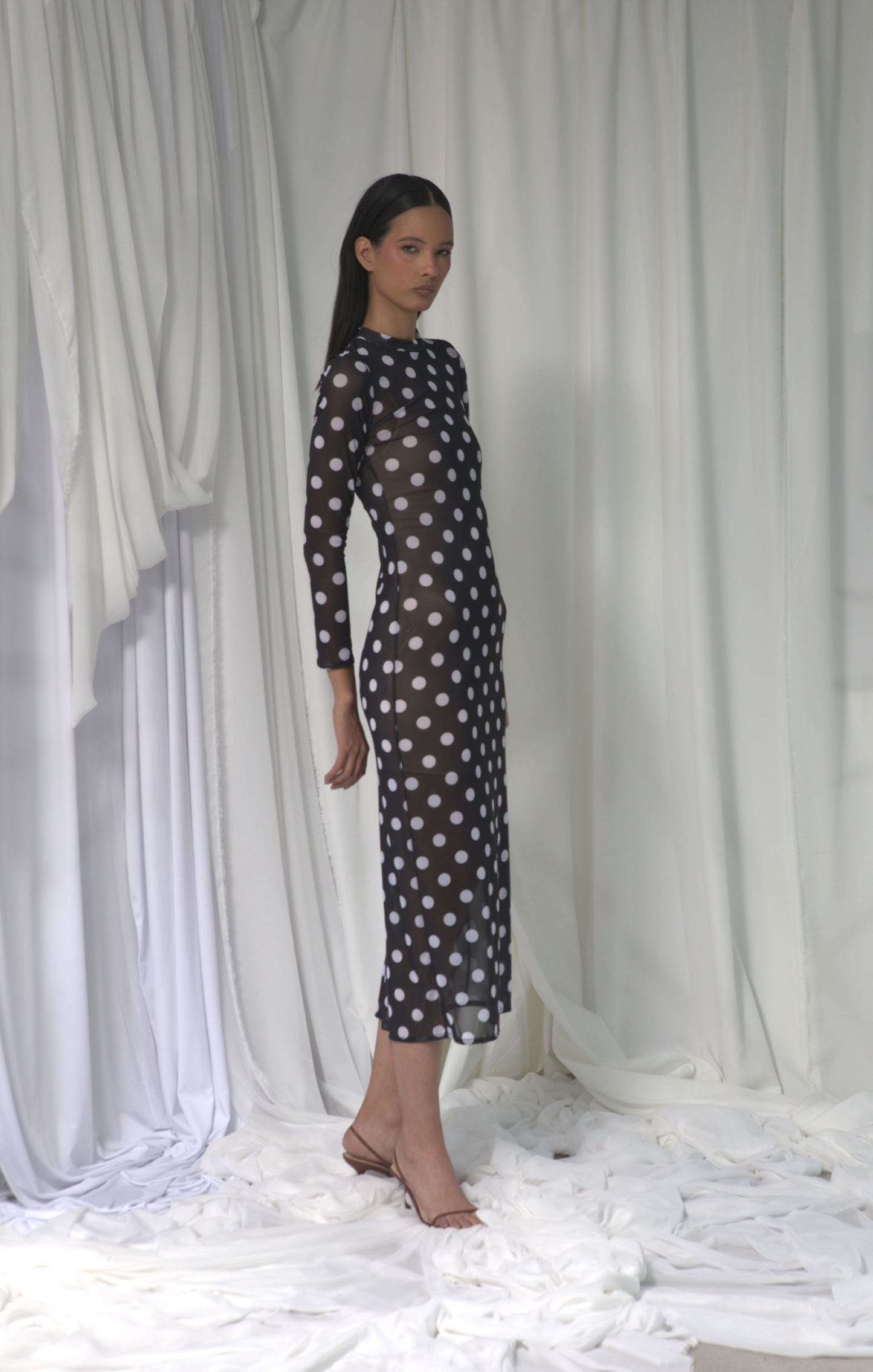 MORROCOY DRESS IN BLACK POLKA DOTS